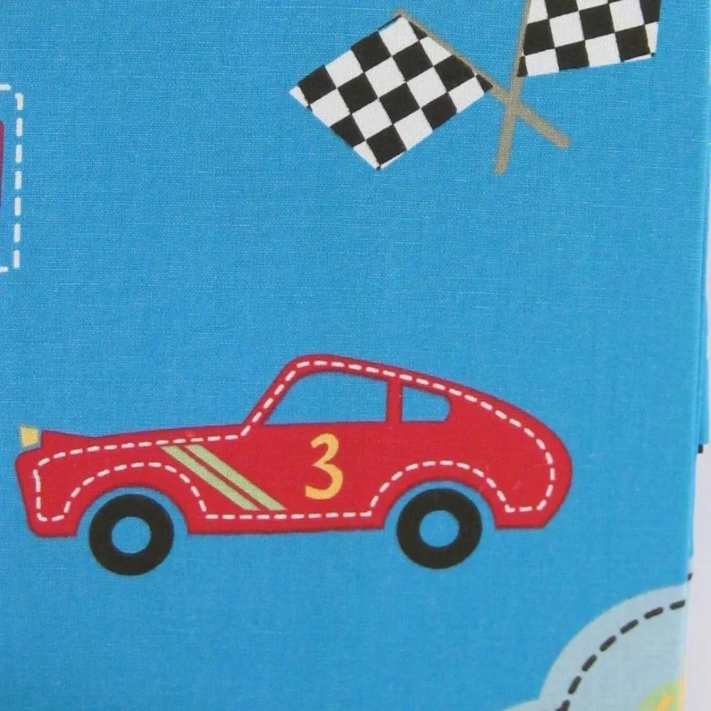 Kassatex boys bath car set: shower curtain, towels, soap dish, tray, covered jar